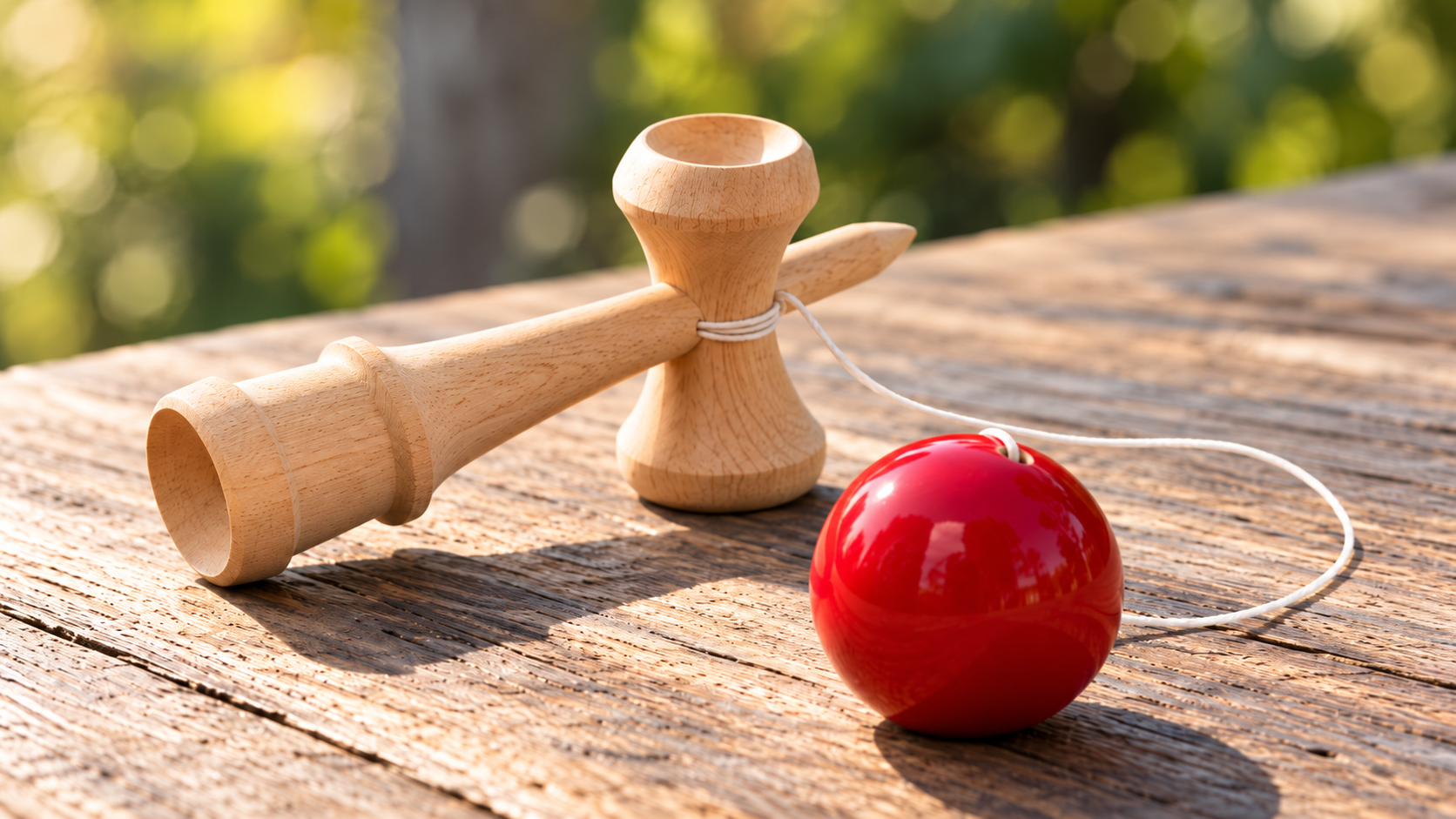 Traditional wooden kendama with red ball in warm sunlight